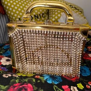 Area x Bertoni Gold Crystal Fringe Embellished Handbag